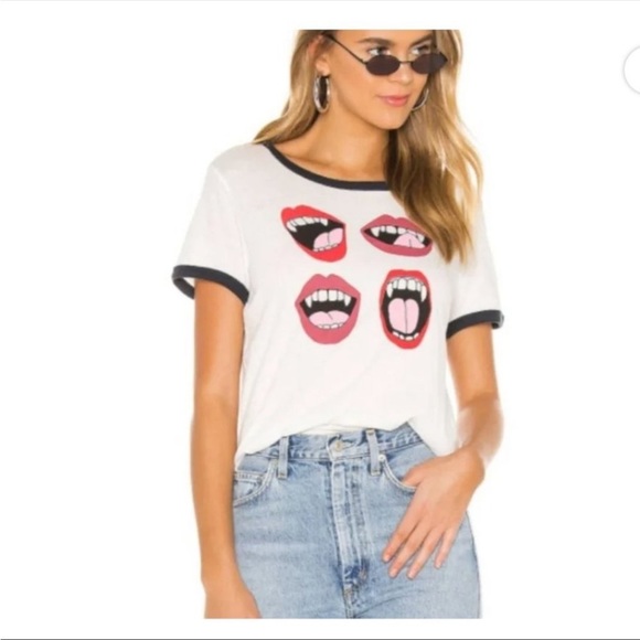WILDFOX Ringer Tee sz Small Johnny Fang 4 Mouths Graphic Black White - Picture 1 of 10